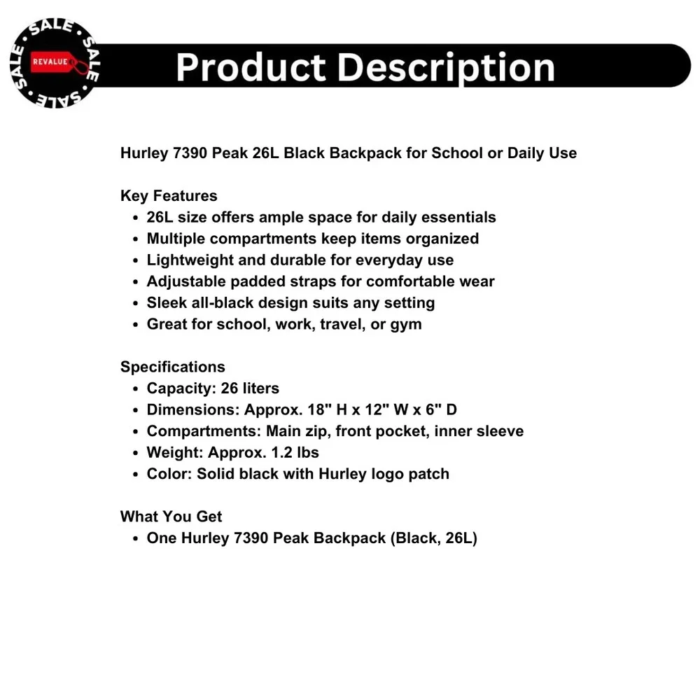 Hurley 7390 Peak 26L Black Backpack‎ for School or Daily Use